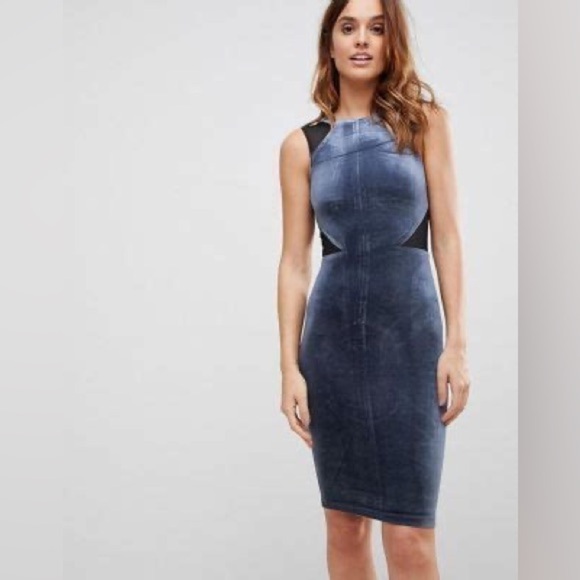 French Connection Viven Blue Velvet & Black Mesh Knee Length Dress - Picture 1 of 11